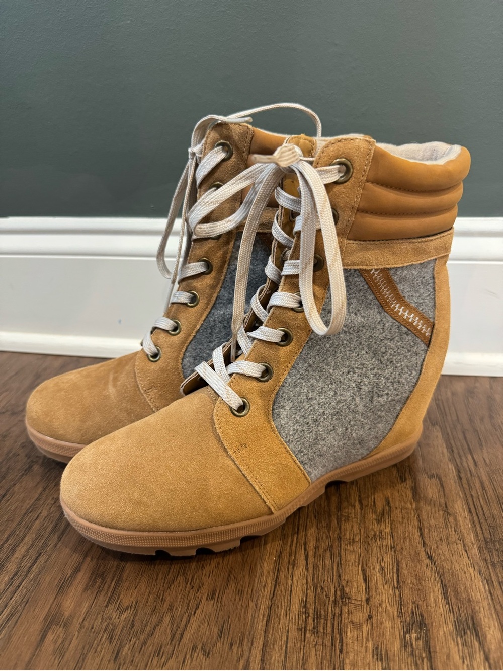 Serra Tan Suede and Grey Felt Lace-Up Wedge Boots
